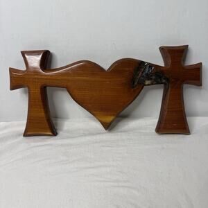 Hand Carved Two Crosses Connected To A Heart Cherry Color Wood Wall Mount